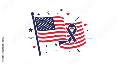 American flag with purple ribbon.