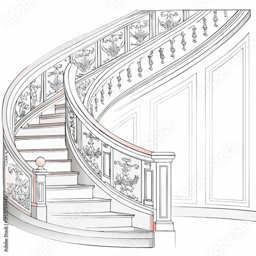 An elegant curving staircase with ornate details and paneling