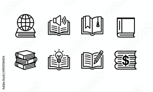 Black and White Line Icons of Books and Learning Concepts