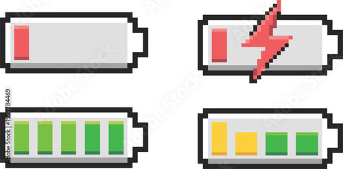 Pixel battery icons set showing charge levels and low power warning retro vector design
