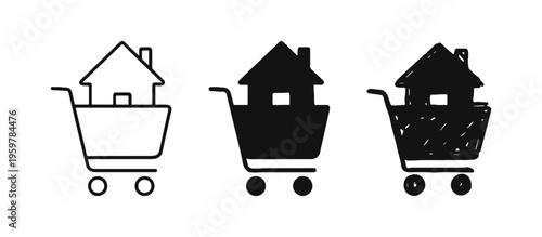 Home in Shopping Cart Icon Set - Real Estate Purchase and Property Market Symbol