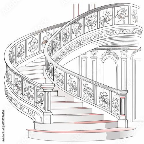 An elegant curving staircase with detailed architectural ornamentation