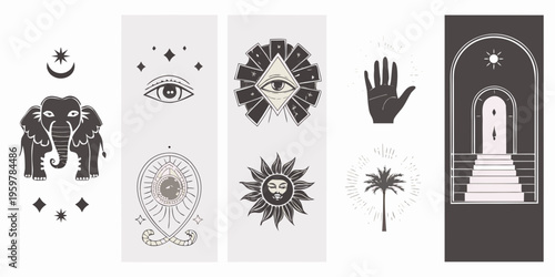 Bohemian mystical illustrations elephants eyes suns hands and architectural elements