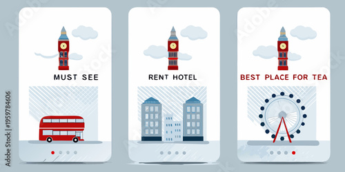 Three smartphone screens showcasing london landmarks and tourist attractions