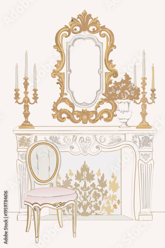 Ornate gold mirror and candelabras displayed on a decorative fireplace mantel