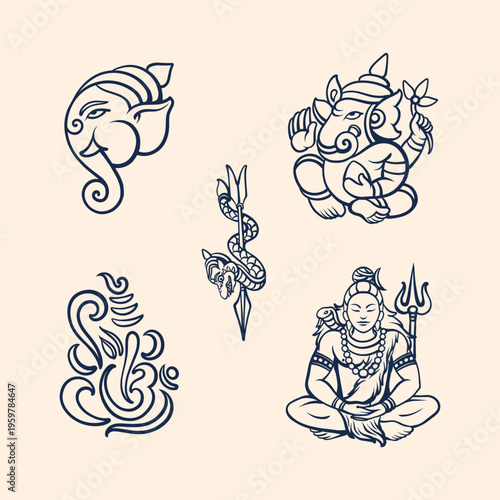 Ganesha and Shiva Hindu God Line Art Illustrations Set