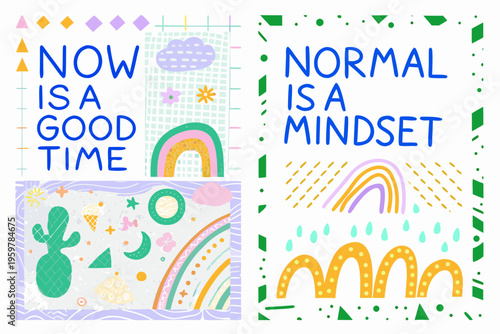 Colorful poster with inspirational quotes and playful doodle illustrations