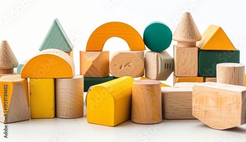 Wooden building blocks colorful shapes toy isolated white background simple clean arrangement learning play