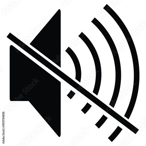 Black muted speaker icon with multiple sound waves and a diagonal slash isolated on white background for silent mode and audio settings.