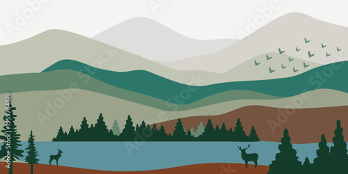 Minimalist landscape depicting mountains forest deer and a serene lake