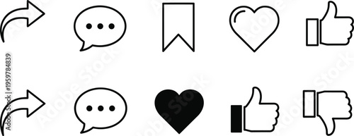 Set of social media interface icons featuring flat line and solid styles for share comment bookmark heart like and dislike engagement buttons.