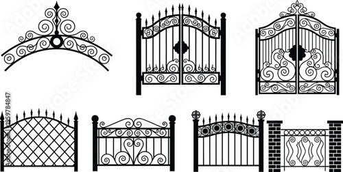 Set of Ornate Wrought Iron Gate and Fence Vector Silhouettes Featuring Elegant Curlicues Decorative Metalwork Grills Railings and Victorian Style Architectural Border Design Elements