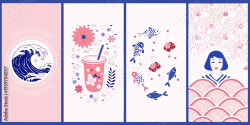 A series of vertically arranged decorative panels with japanese inspired motifs