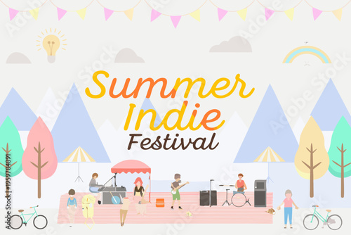 Summer indie festival scene with band tents and cheerful attendees