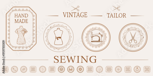 Vintage sewing emblems with dress forms scissors and sewing machines