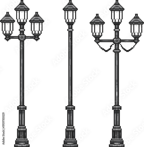 Pixel street lamps set with vintage design, urban lighting elements retro vector illustration