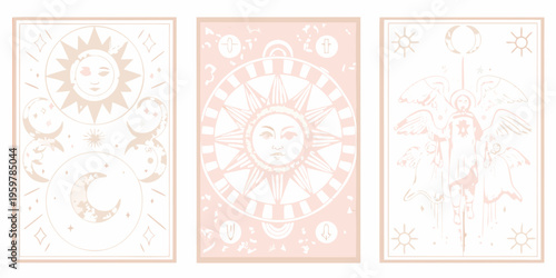 Three ornate tarot cards featuring celestial and angelic imagery in pink