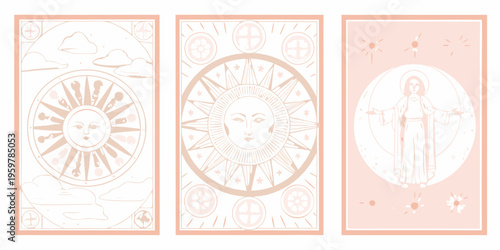 Three vintage tarot card illustrations with celestial and religious motifs
