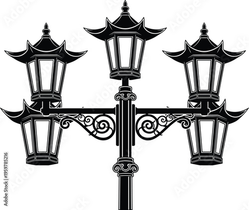 Asian style street lamp vector illustration, ornate oriental lantern post design, decorative vintage urban lighting element, elegant black silhouette isolated on white background