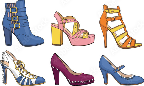 Colorful women shoes vector illustration set, stylish high heels and boots collection, trendy fashion footwear design, detailed modern icons, isolated objects for retail and style