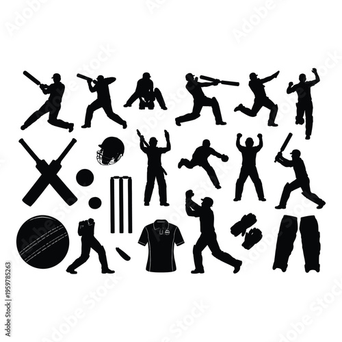Cricket silhouettes on white background