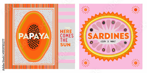 Colorful fruit and fish themed illustrations with bold typography