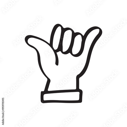 Hand drawn shaka hang loose hand sign outline