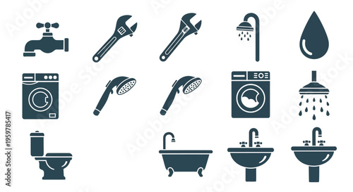 Plumbing and bathroom fixtures icon set