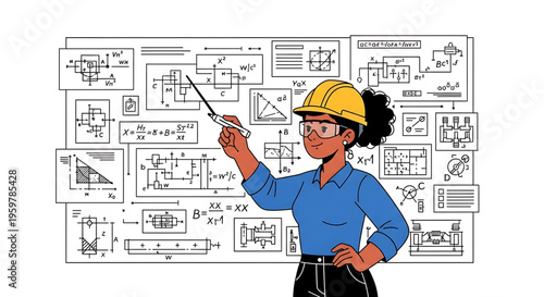 A female engineer in a hard hat stands confidently in front of a detailed technical drawing, pointing to a specific section with a pen.