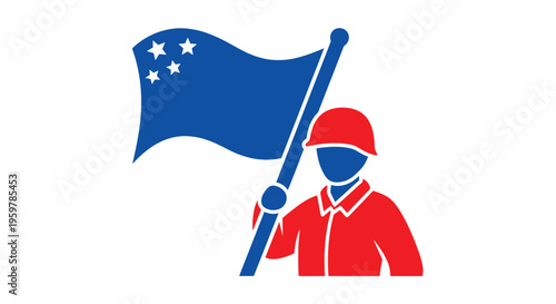 Soldier Holding Blue Flag Symbol.