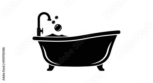 Black and white illustration of a clawfoot bathtub with faucet