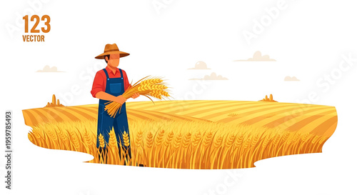 A farmer stands proudly in a golden wheat field, holding a bundle of freshly harvested wheat.