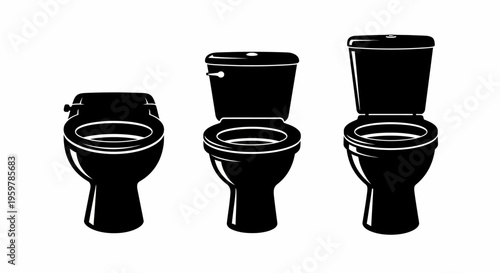 Three black toilet models with varying tank designs