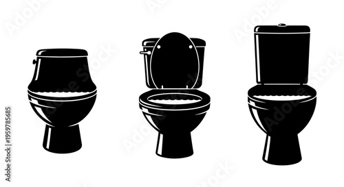 Three black toilets with different lid positions