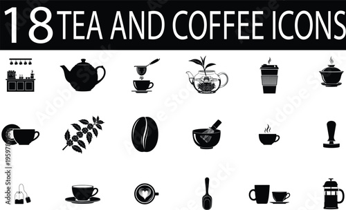 Collection of 18 tea and coffee icons in black and white
