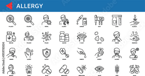 Large collection of medical allergy line icons set featuring symptoms diagnosis treatment medicine healthcare asthma reaction skin rash seasonal pollen and hospital vector symbols.