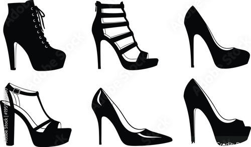 High heel shoes silhouette vector illustration, women fashion footwear collection, elegant pumps and sandals, stylish black shoe set isolated on white background