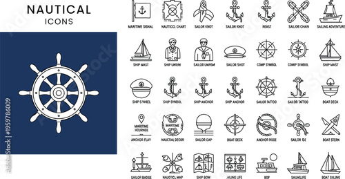 Large collection of nautical line icons set featuring maritime symbols including anchor ship wheel sailboat sailor compass ocean travel and sea navigation vector elements.