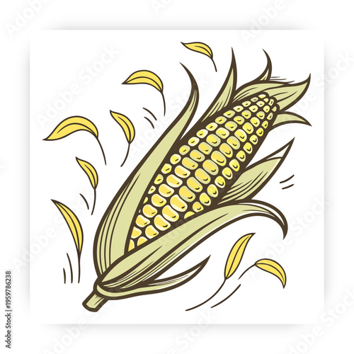 Hand Drawn Corn icon Vector Illustration, Fresh Maize Clipart, Organic Farm Vegetable Design Isolated on White Background.