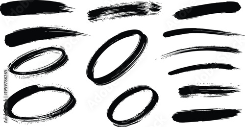 A collection of black brush strokes and circular marks on a white background