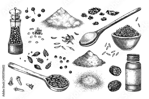 Culinary spices sketches set. Hand drawn vector illustrations of powder, seeds and kitchen tools. Vinatge kitchen ingredients engraving collection. NOT AI generated