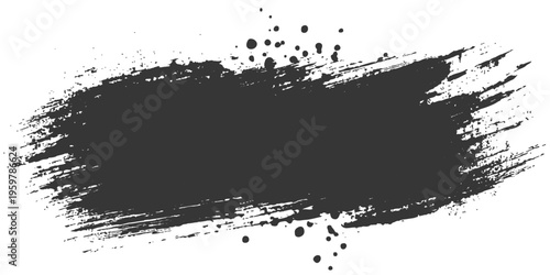 An abstract black ink splat with a dirty grunge texture and paint spray drips creates a silhouette style vector illustration element for a splash pattern border or banner design