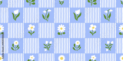 Vector hand drawn seamless pattern in simple doodle sketchy floral wavy and groovy naive style, dopamine and cottage core aesthetic, spring abstract prints with flowers and stripes