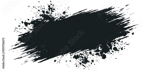 Abstract black ink splat with a grungy paint splash texture featuring artistic spray droplets and a dirty brush stroke pattern on a vector background