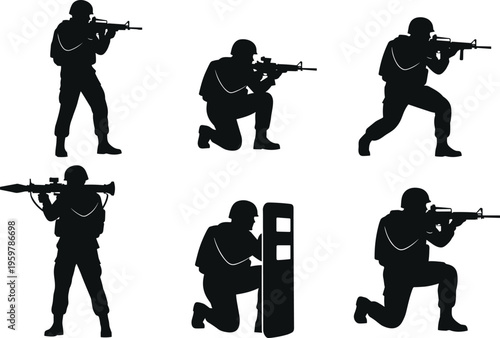 Armed soldier silhouette vector illustration with rifles, rocket launcher, ballistic shield, tactical positions, combat stances, military gear, law enforcement action