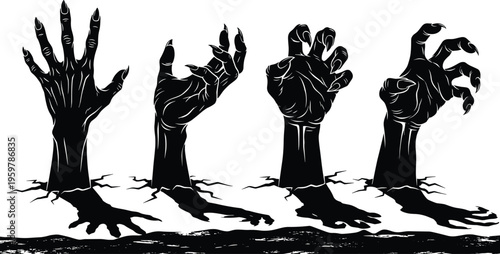 Zombie hands rising from ground silhouette illustration for horror, Halloween, gothic, spooky themes, dark fantasy design and scary undead concepts