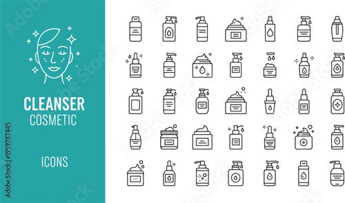 Large collection of cosmetic cleanser line icons set featuring skincare products including lotion bottles cream jars serum droppers face wash and beauty treatment vector symbols.