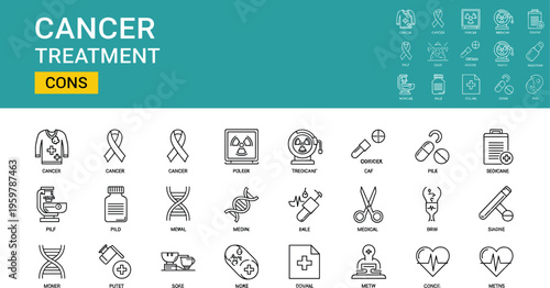 Large collection of cancer treatment line icons set featuring medical oncology symbols including radiation therapy chemotherapy pills awareness ribbons dna research and healthcare vector elements.