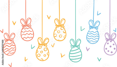 Pastel Easter Eggs Hanging Vector Illustration. Cute Hand-Drawn Spring Holiday Decoration, Colorful Egg Hunt Design Element. Whimsical Seasonal Celebration Graphic for Cards and Banners.