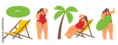 set of Woman in red swimsuit on isolated background. Vector illustration. Summer time. swimming ring, swim tube, lounge chair